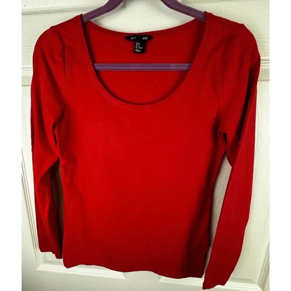 H&M Scooped Neck Top Long Sleeves Red M Casual Minimalist 50-08 - Picture 15 of 15